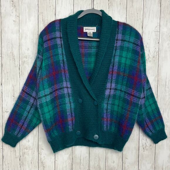 Vintage Lord Isaacs Plaid Button Front Long Sleeve Fuzzy Wool Blend Cardigan Med - Picture 1 of 9